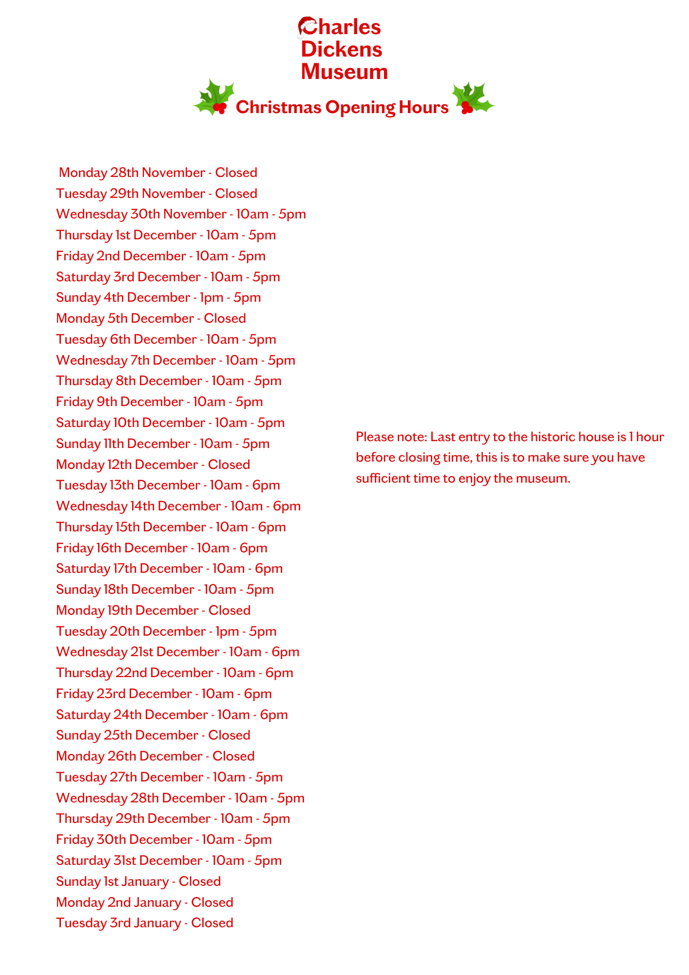 Xmas opening hours